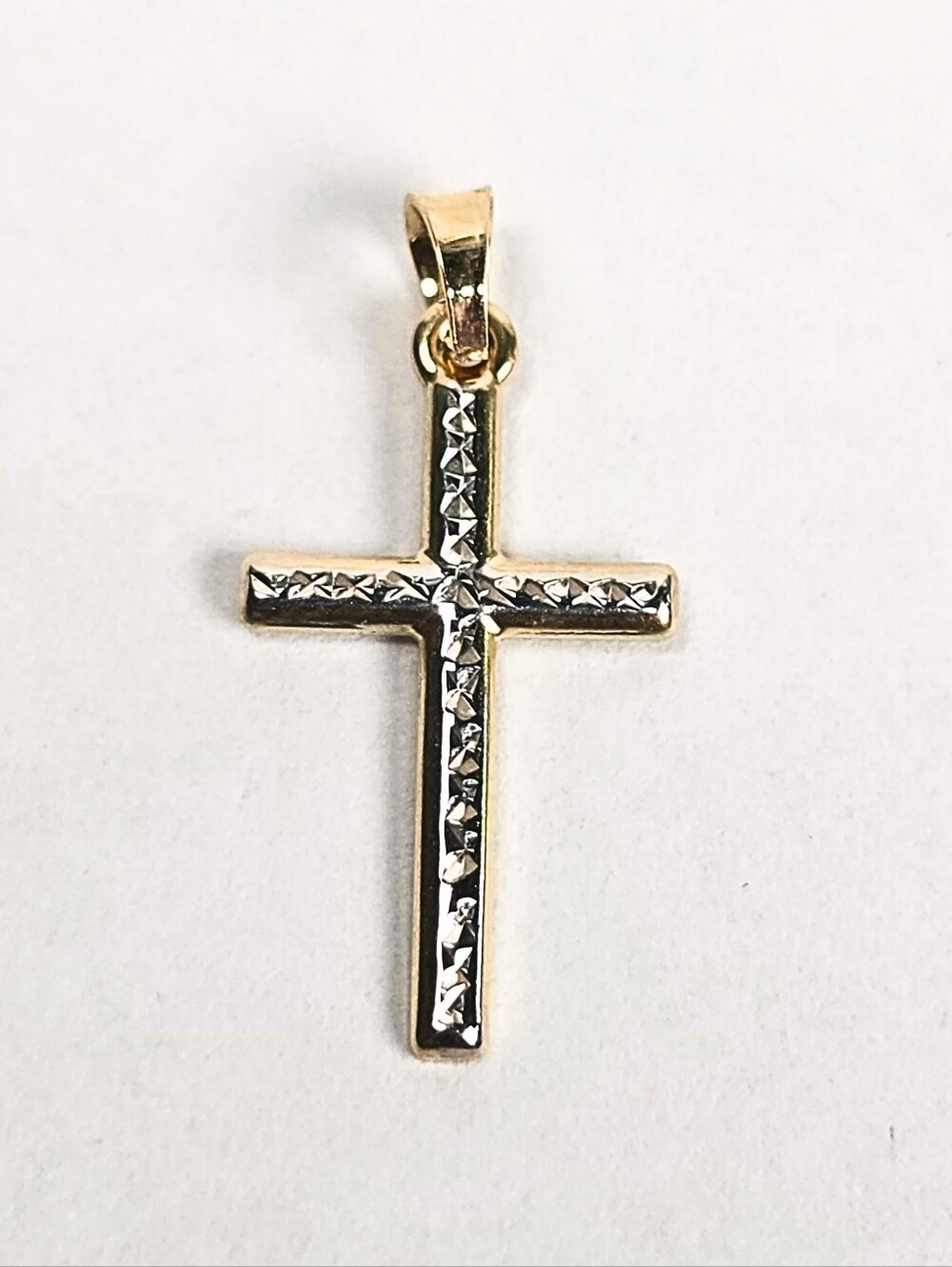 10K Gold Two Tone Diamond Cut Cross Pendant Charm Religious Crucifix 25mm